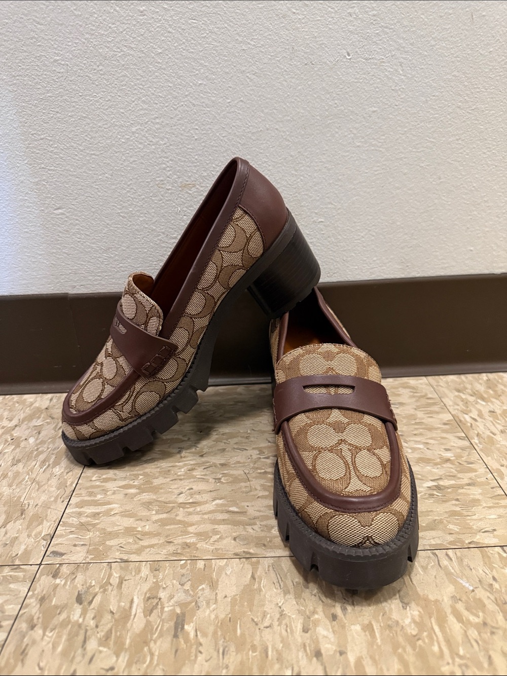 Brown Signature Logo Penny Loafers with Lug Sole - Women